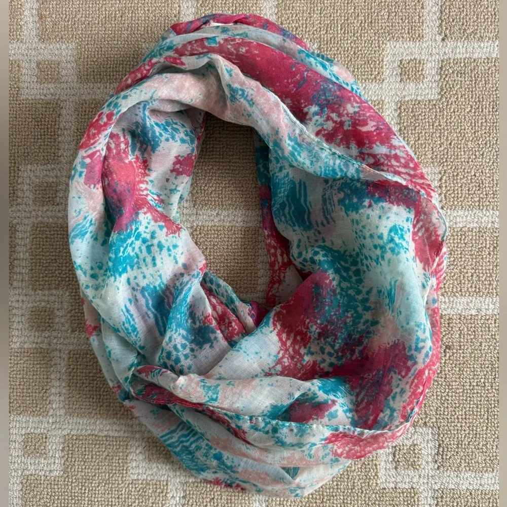 Abstract Print Infinity Scarf Pink Teal Lightweight Sheer Loop Resort Style